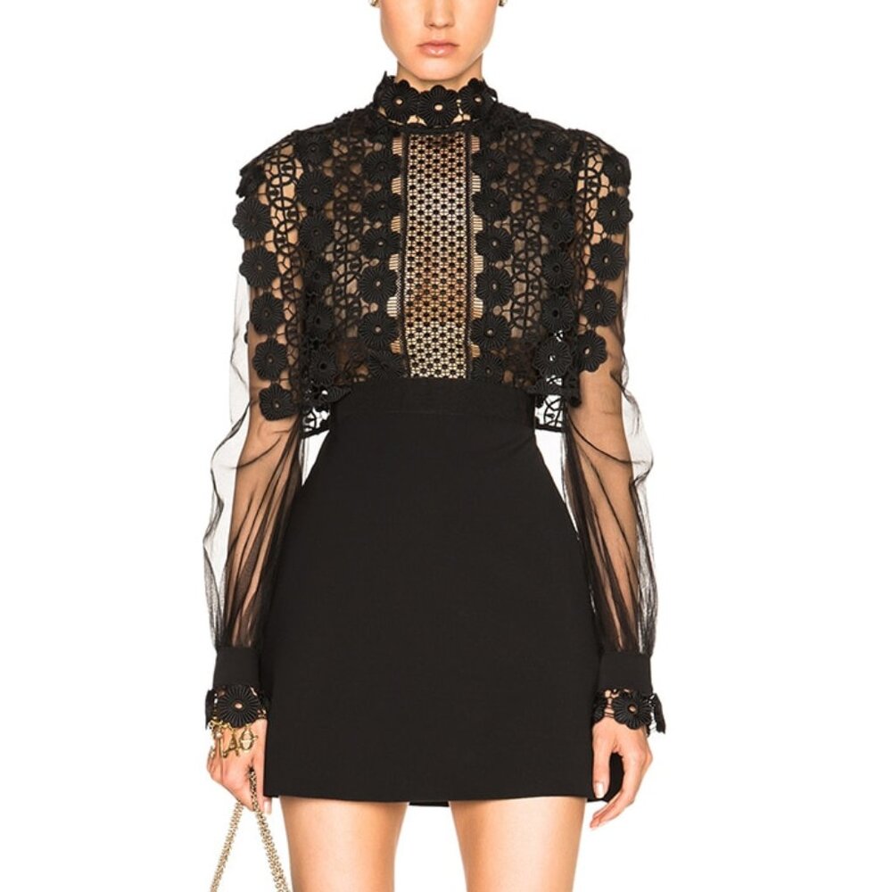 Self-Portrait SS/16 Black Balloon-Sleeve Lace A-Line Mini Dress